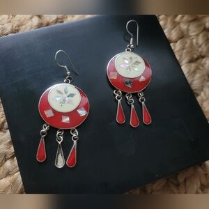 Vtg Mexican Handcrafted Inlay Earrings, Abalone, Red & Silver